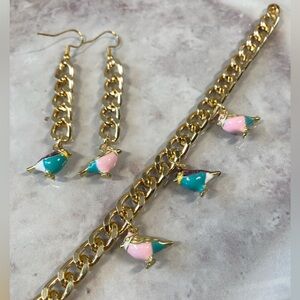✨Handmade Gold Tone Bird Charm Bracelet and Earring Set w/ Magnetic Clasp